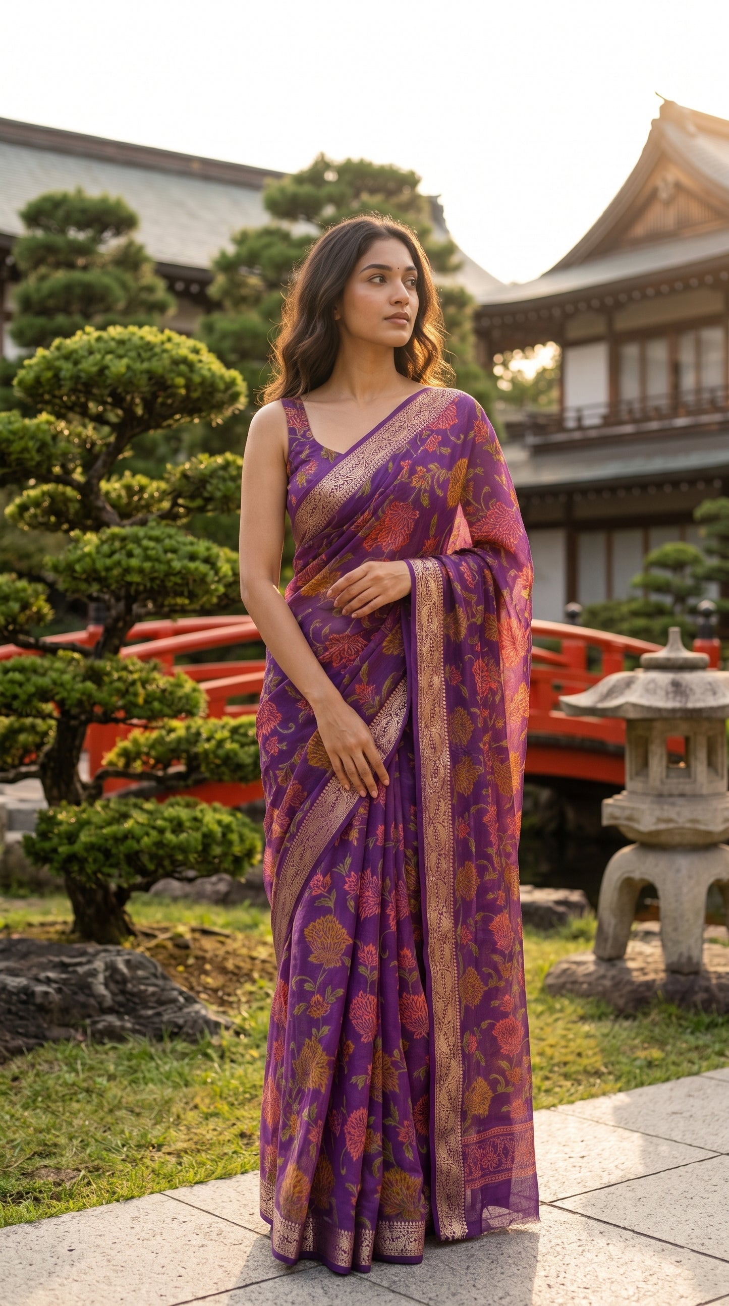 Full-length image of a woman posing along a paved garden walkway next to a traditional stone lantern and bonsai trees, beautifully showcasing the translucent sheer qualities and gleaming gold borders of her purple floral saree