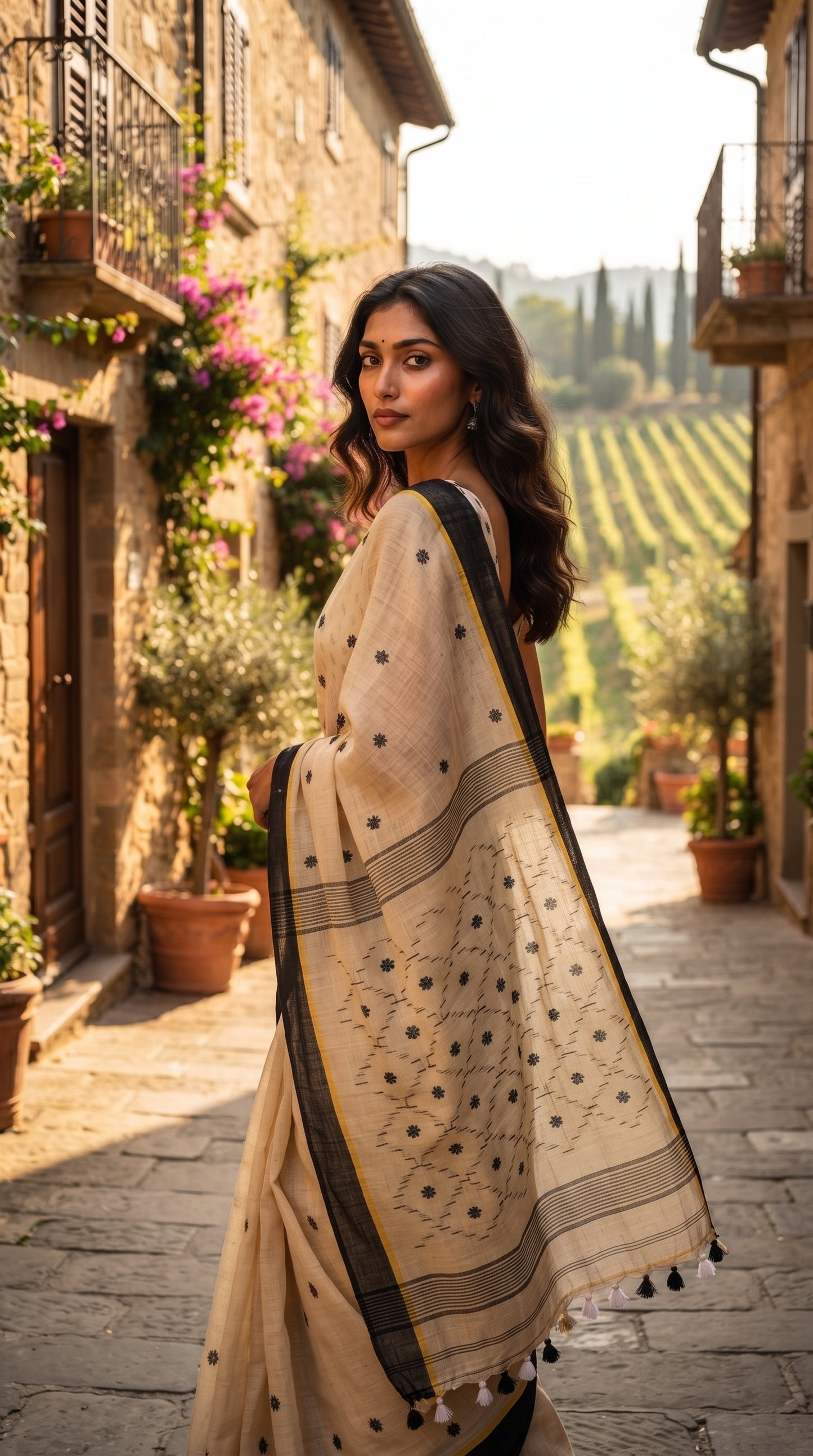 A woman standing on a cobblestone street in a historic village with vineyards in the background, showing the intricate Jamdani work and black borders of her beige linen saree