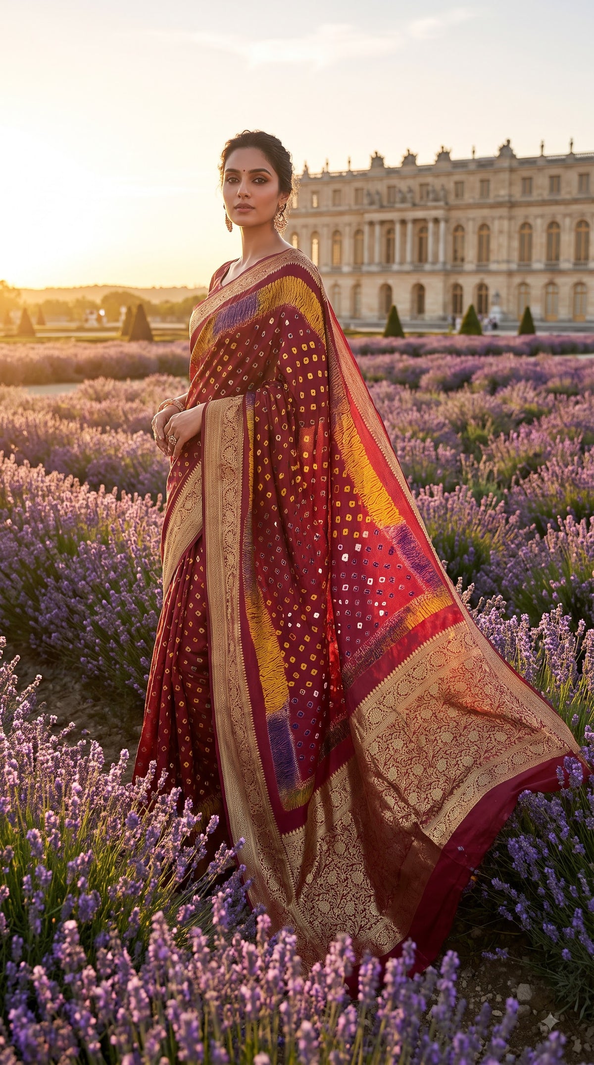 Art Silk Bandhani with Shibori & Zari Border - Maroon