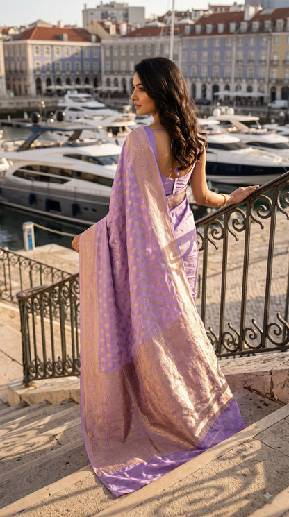 Katan Banarasi Silk Saree with Double Butta-Lilac