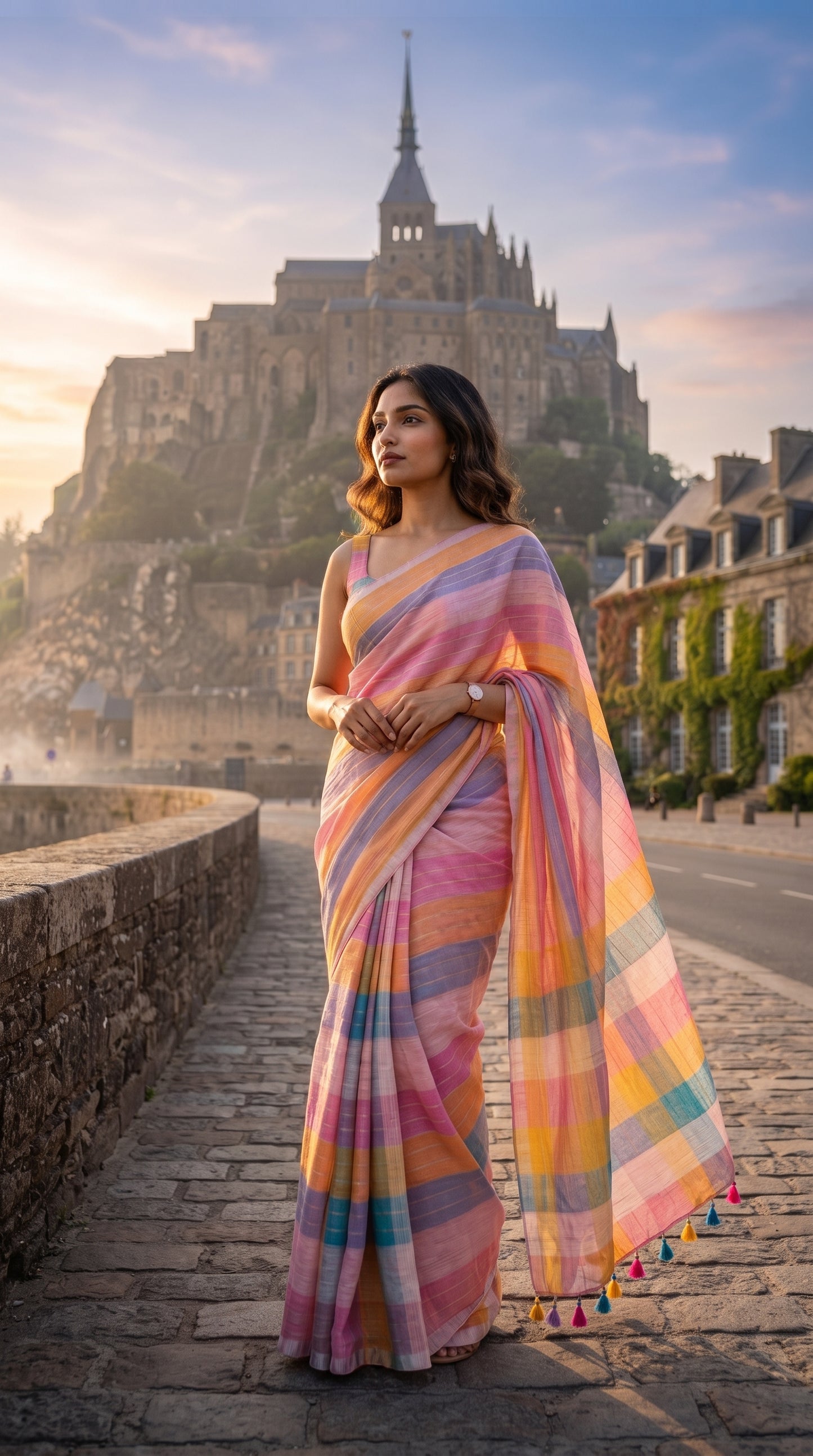 A model posing on a cobblestone road with a historic European island castle in the background, beautifully highlighting the flowing pallu and colorful thread tassels of her multicolor striped saree