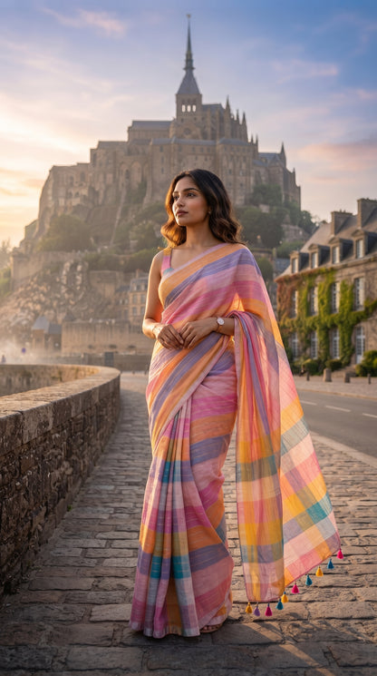 A model posing on a cobblestone road with a historic European island castle in the background, beautifully highlighting the flowing pallu and colorful thread tassels of her multicolor striped saree