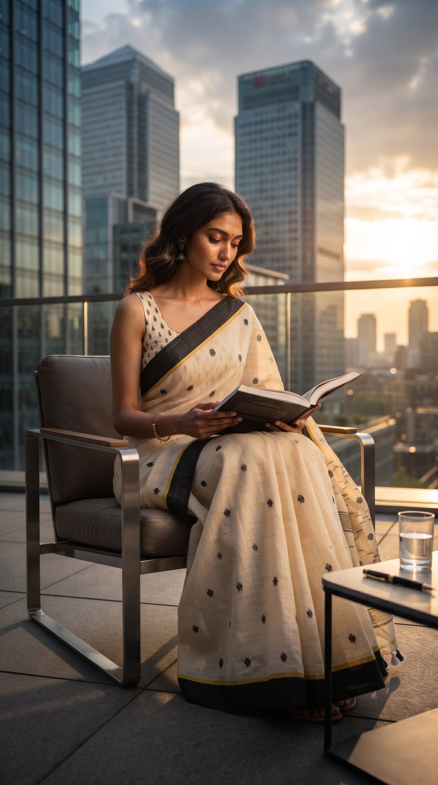 A woman sitting in a modern armchair reading a book on a terrace at dusk, wearing a beige linen saree with black borders and delicate Jamdani work