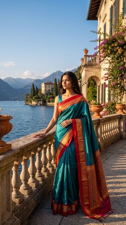 Silk Saree with Pochampally Pallu - Peacock Green