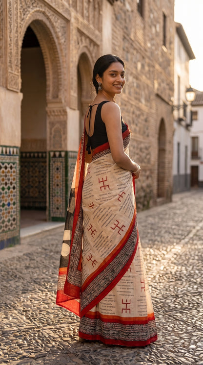 Cream Tussar Silk Saree with Script Motifs