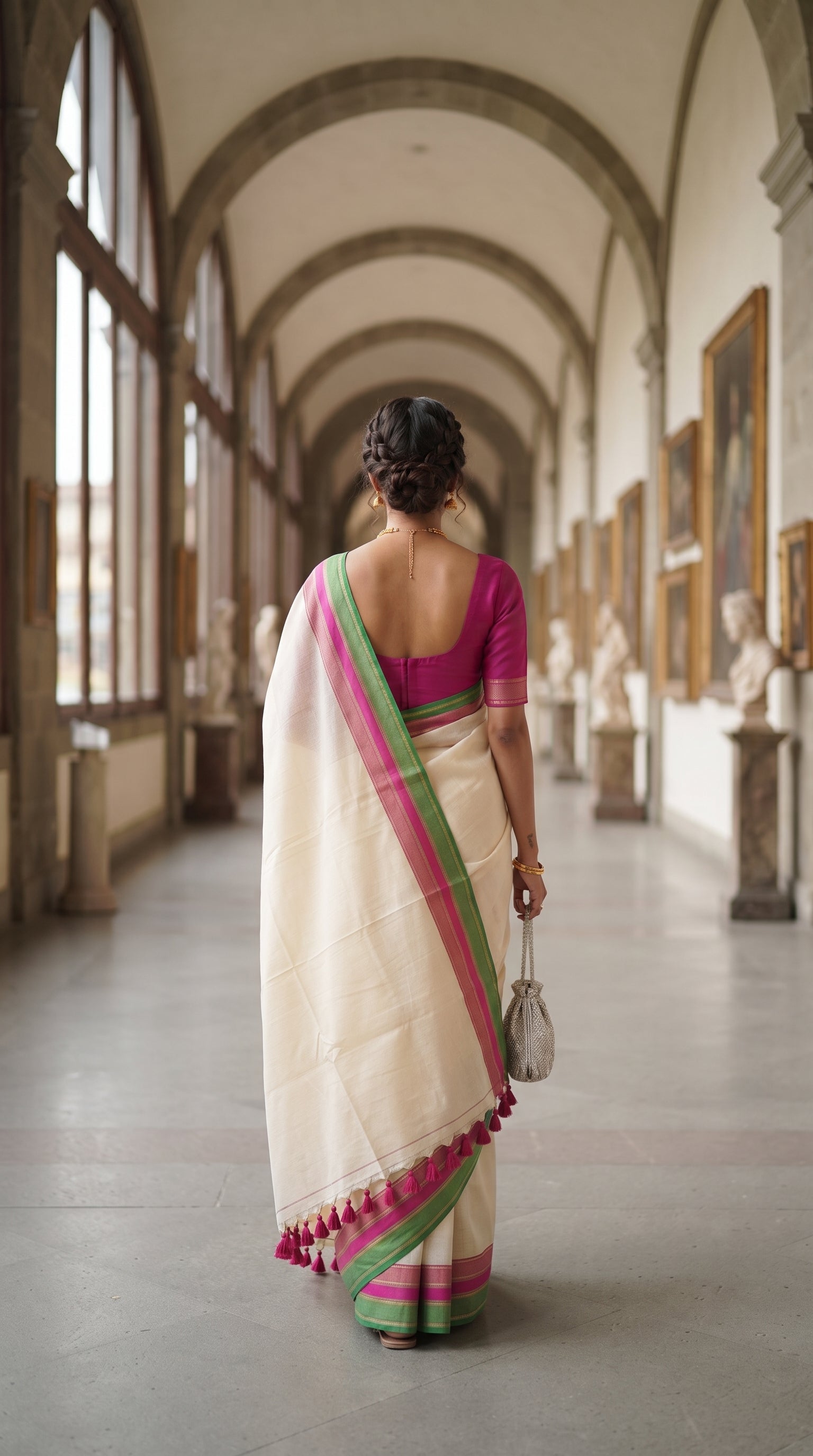 A rear-view portrait of a woman walking down a grand classical archway corridor lined with sculptures, showcasing the neat back design of her pink blouse and the fluid fall of her off-white saree's pink and green border
