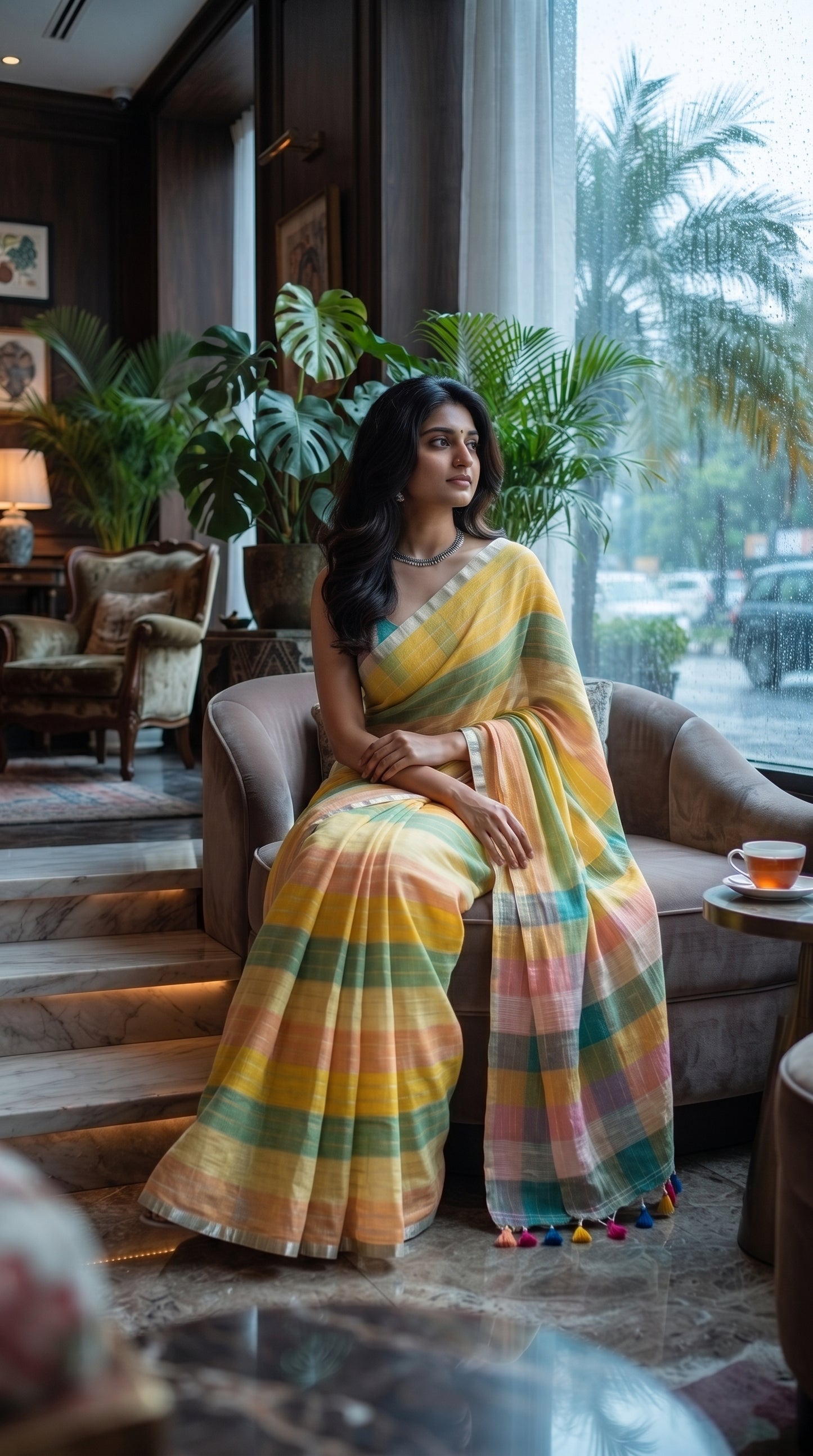 A model looking out a rainy window while seated in a plush armchair inside a luxury hotel lobby, highlighting the graceful pleats and comfortable drape of her yellow striped linen saree