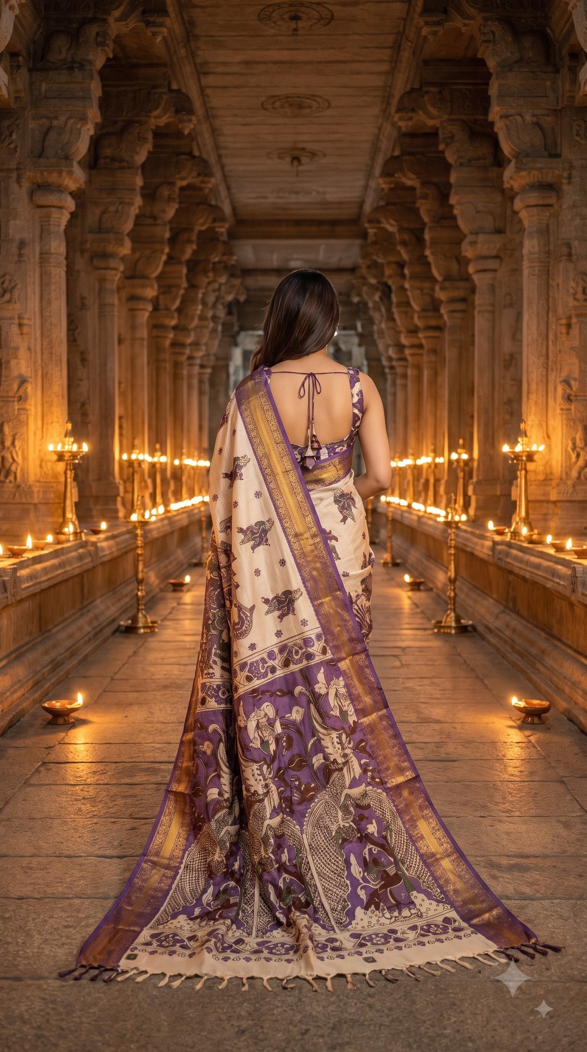 Kanchi Border Kalamkari Silk Saree with Figure Motifs - Beige with Purple