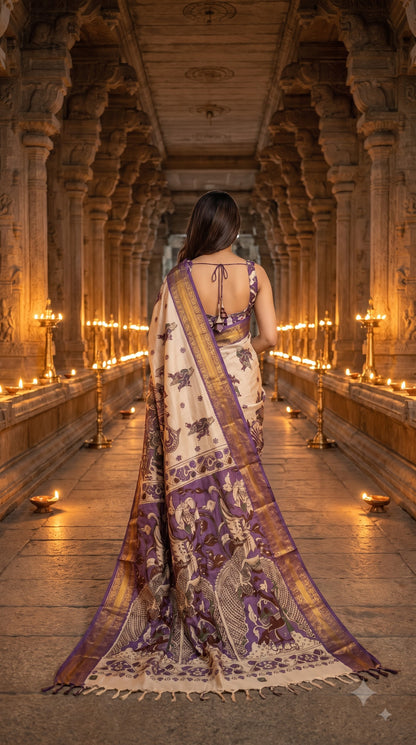 Kanchi Border Kalamkari Silk Saree with Figure Motifs - Beige with Purple