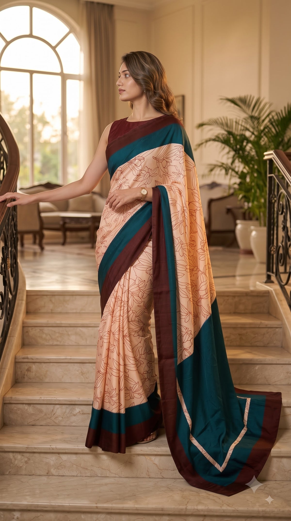Viscose Silk Saree with Teal & Chocolate Border - Beige