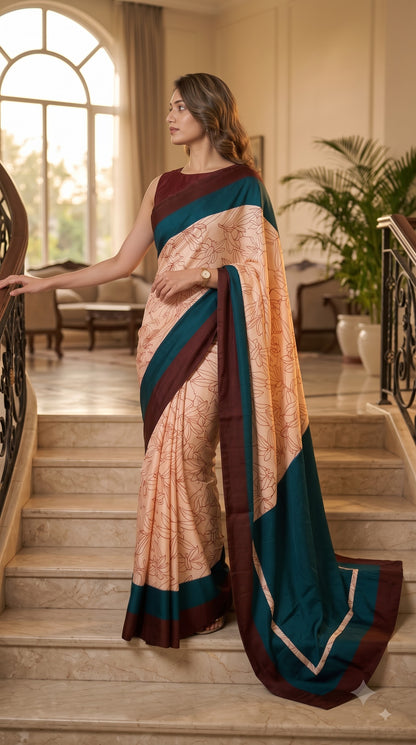 Viscose Silk Saree with Teal & Chocolate Border - Beige