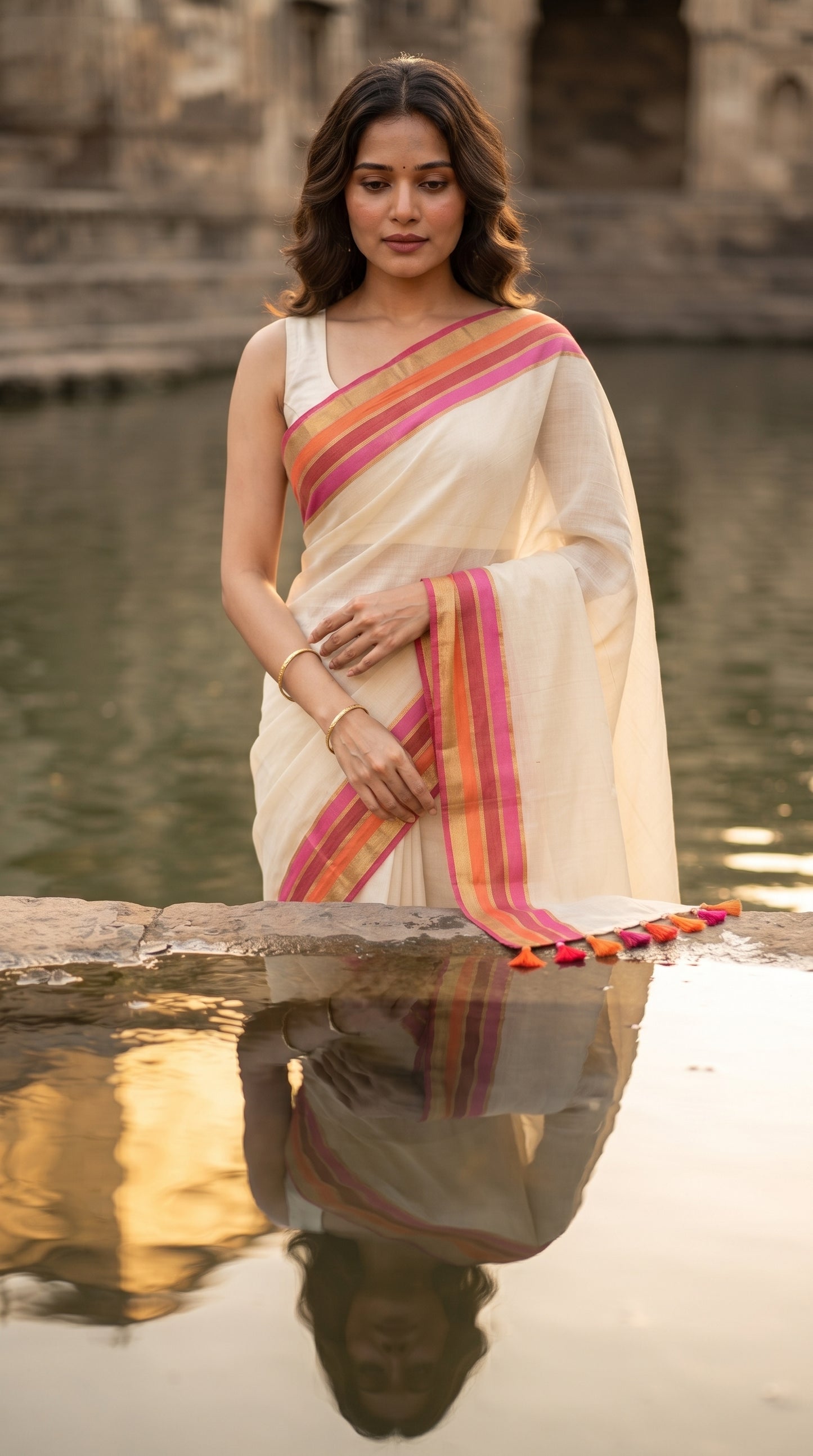 A medium front shot of a woman standing gracefully by an old stone canal reflecting the sunset, showing the clean drape and vibrant striped border of her white mul cotton saree