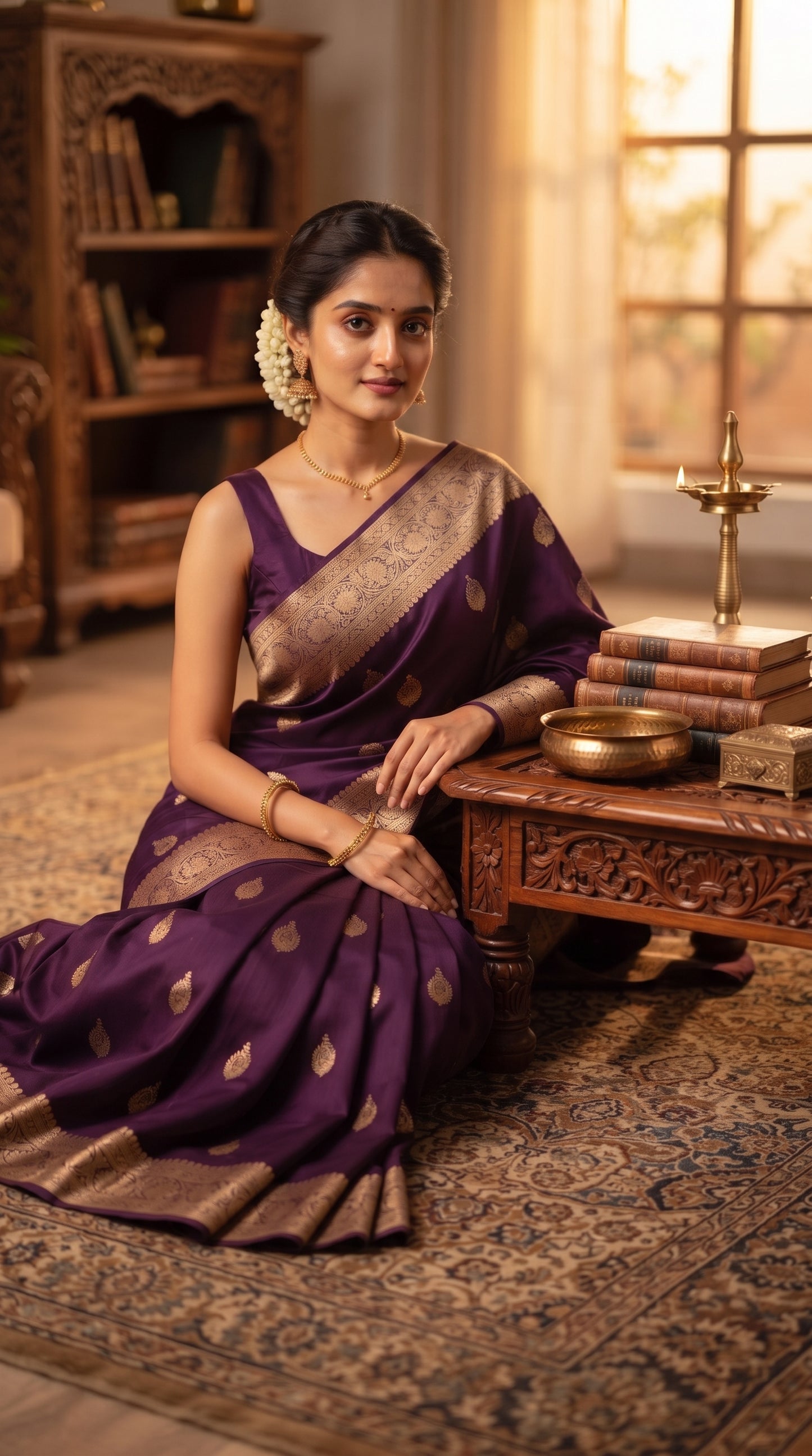 A woman sitting gracefully on an intricate Persian rug next to a carved wooden side table with antique books, displaying the rich gold woven borders and heavy satin fall of her purple silk saree
