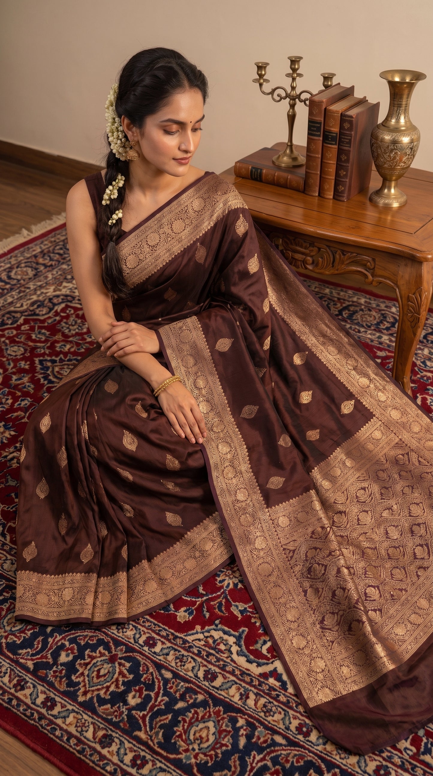 A woman sitting gracefully on a rich red Persian carpet next to an antique wooden table, displaying the sprawling, heavily woven gold zari pallu and satin luster of her dark coffee brown silk saree