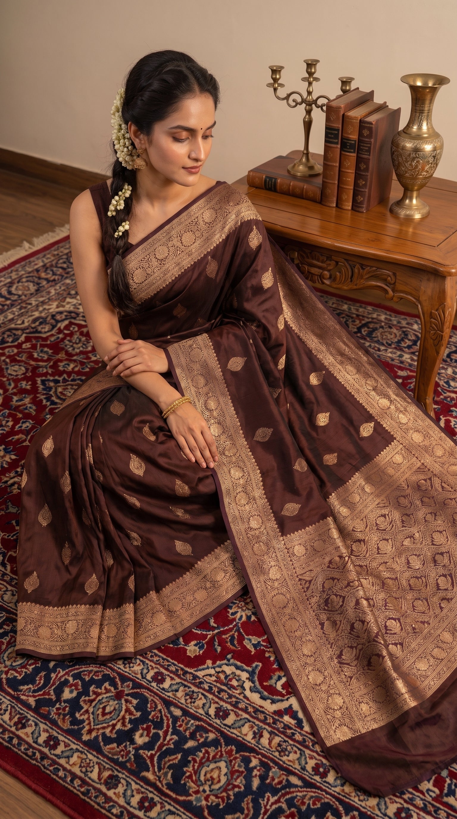 A woman sitting gracefully on a rich red Persian carpet next to an antique wooden table, displaying the sprawling, heavily woven gold zari pallu and satin luster of her dark coffee brown silk saree