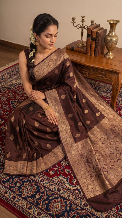 A woman sitting gracefully on a rich red Persian carpet next to an antique wooden table, displaying the sprawling, heavily woven gold zari pallu and satin luster of her dark coffee brown silk saree