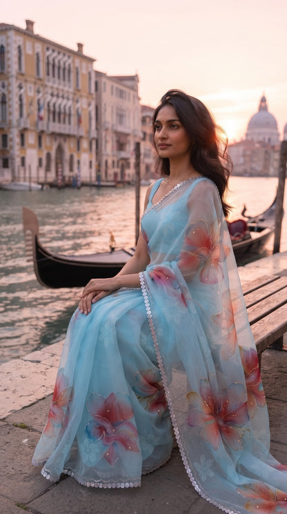 Sky Blue Floral Chiffon Saree with Delicate Lace Border