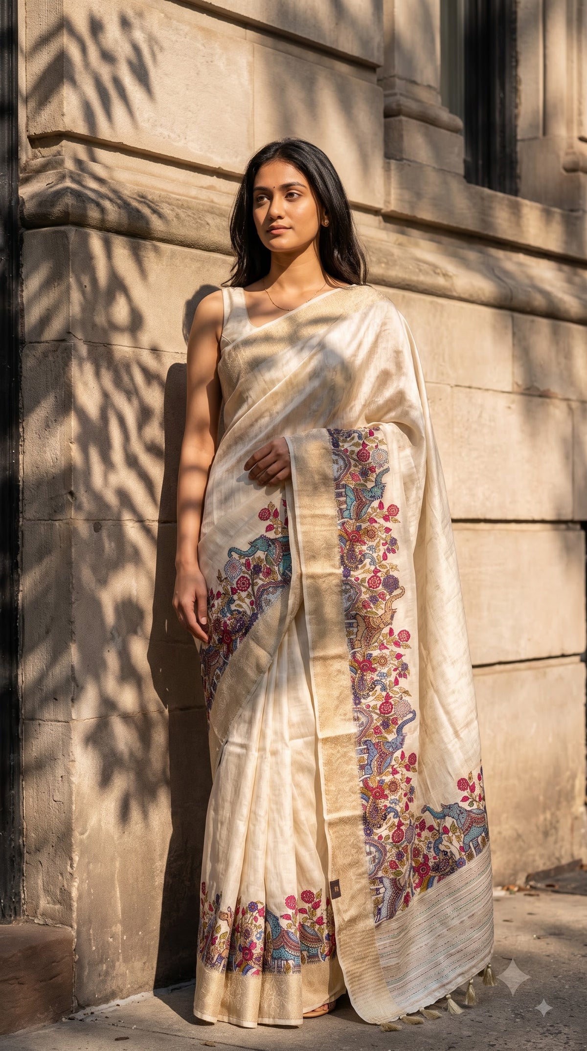 Pure Silk Saree with Digital Print & French Knot Kantha-Stitched - Cream