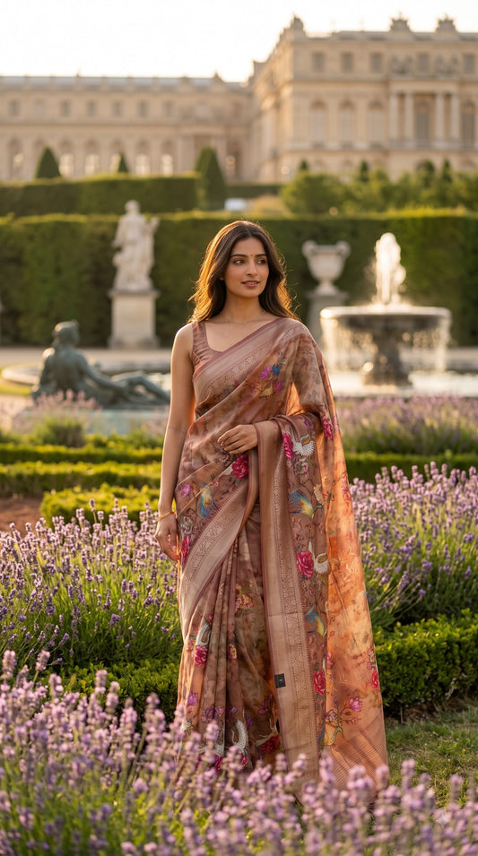 Pure Silk Saree with Digital Print & French Knot Kantha-Stitched - Mauve
