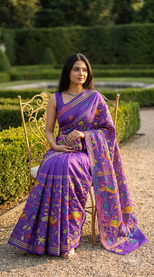 Pure Silk Saree with Kantha-Stitched - Purple