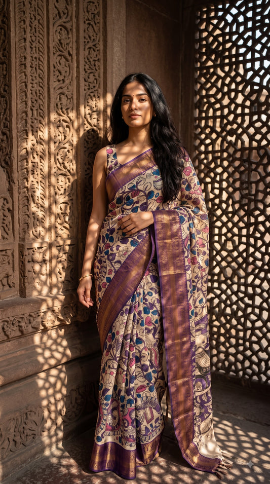 Kanchi Border Kalamkari Silk Saree - Beige with Purple