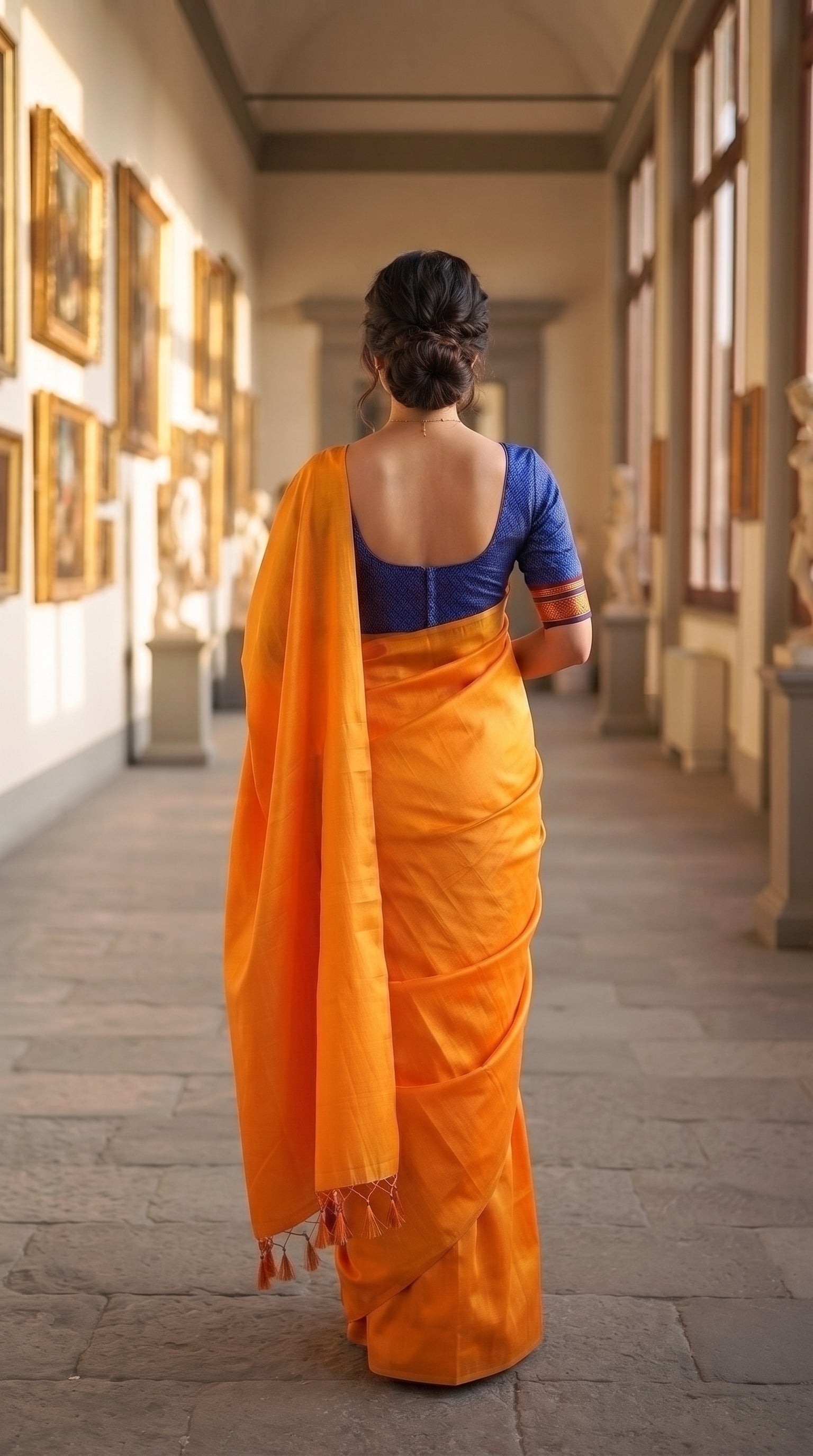A rear-view portrait of a woman walking away down a historic art gallery corridor, showing her elegant hair bun, a contrast royal blue blouse, and the graceful cascade of her orange tissue cotton saree pallu