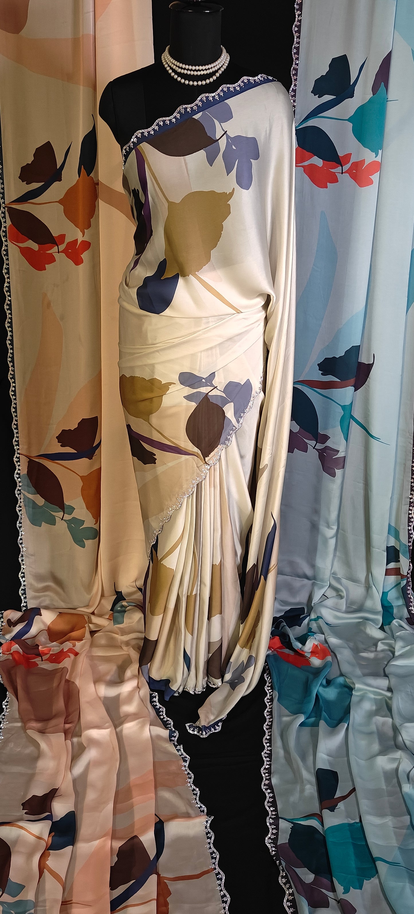 Satin-Georgette Saree with Artistic Floral Print – Available in 3 Colors