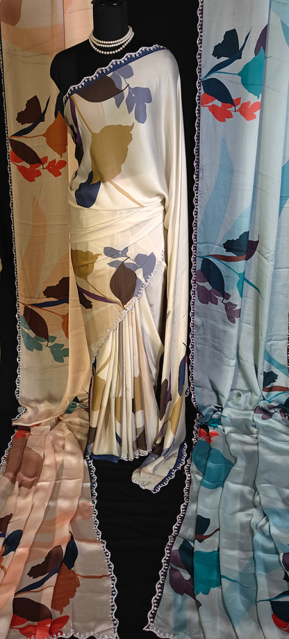 Satin-Georgette Saree with Artistic Floral Print – Available in 3 Colors