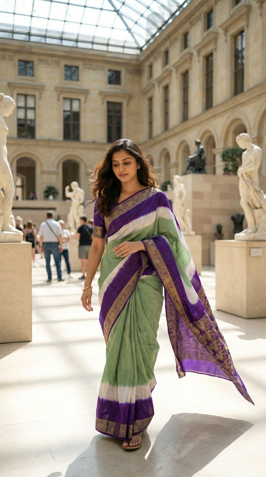 Premium Modal Silk Saree – Sea Green & Royal Purple Tie-Dye with Ornate Gold Zari Border