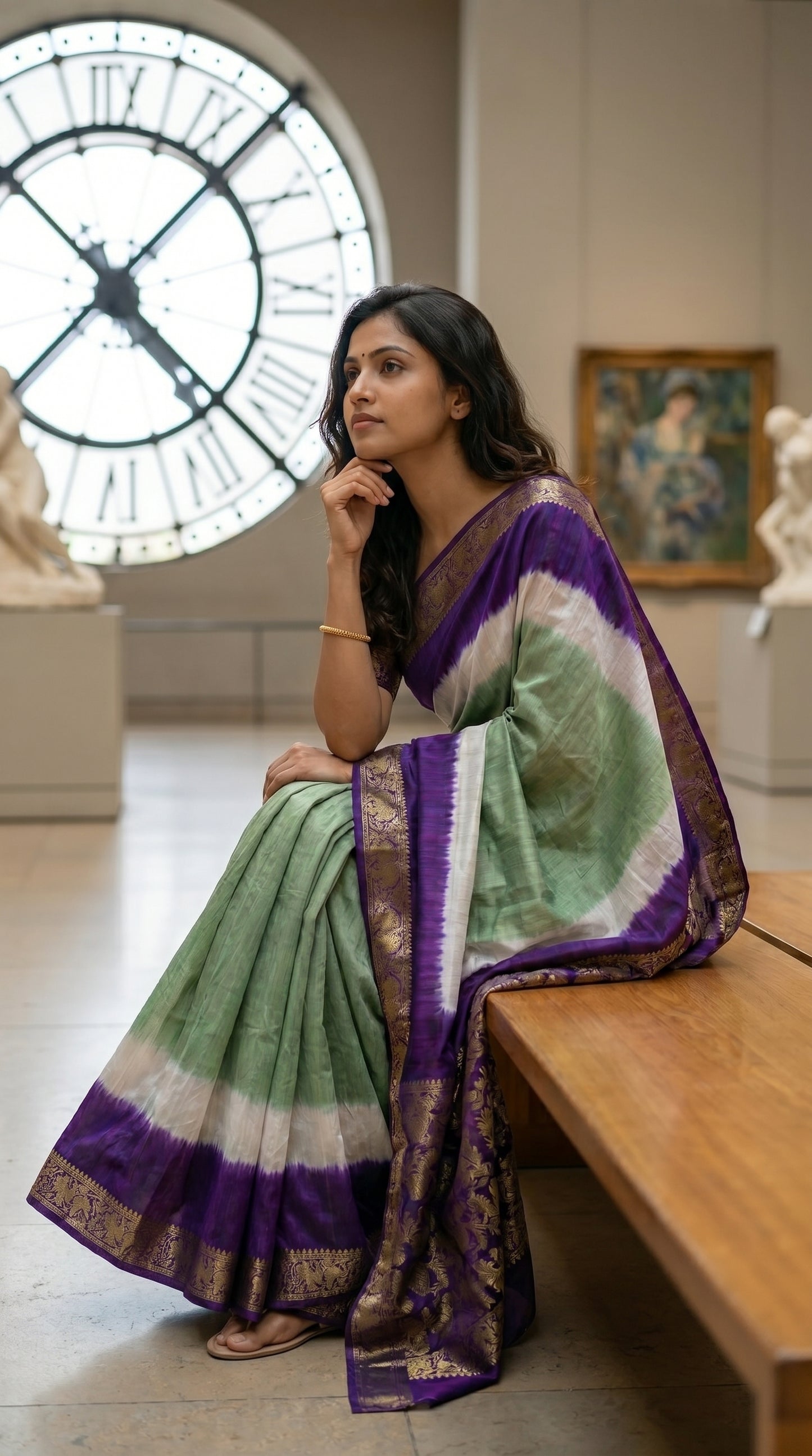 Premium Modal Silk Saree – Sea Green & Royal Purple Tie-Dye with Ornate Gold Zari Border