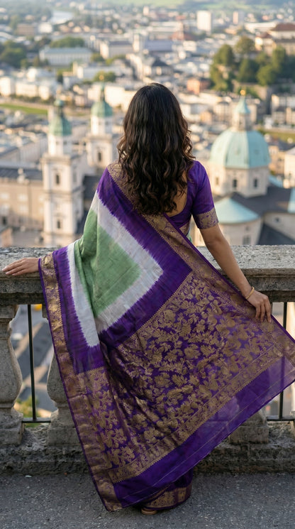 Premium Modal Silk Saree – Sea Green & Royal Purple Tie-Dye with Ornate Gold Zari Border