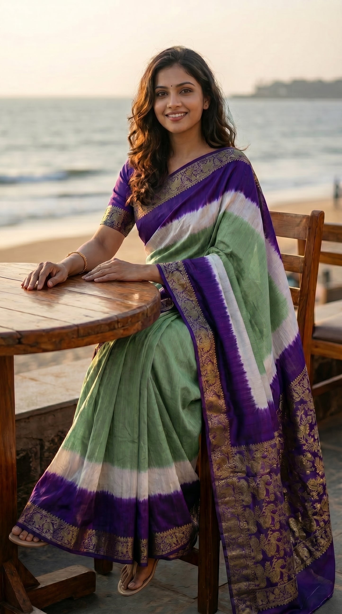 Premium Modal Silk Saree – Sea Green & Royal Purple Tie-Dye with Ornate Gold Zari Border