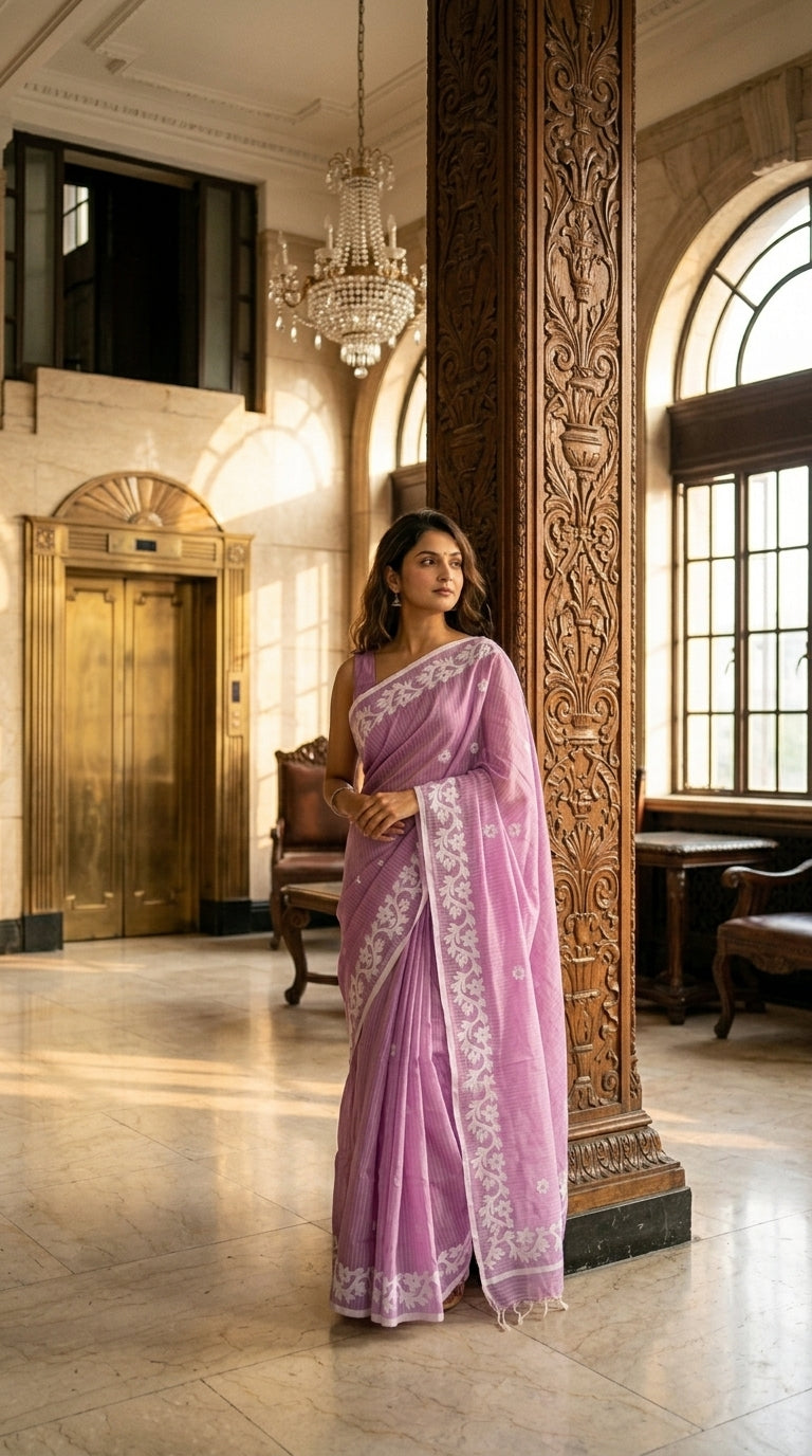 Lilac Cotton Saree with Applique Border