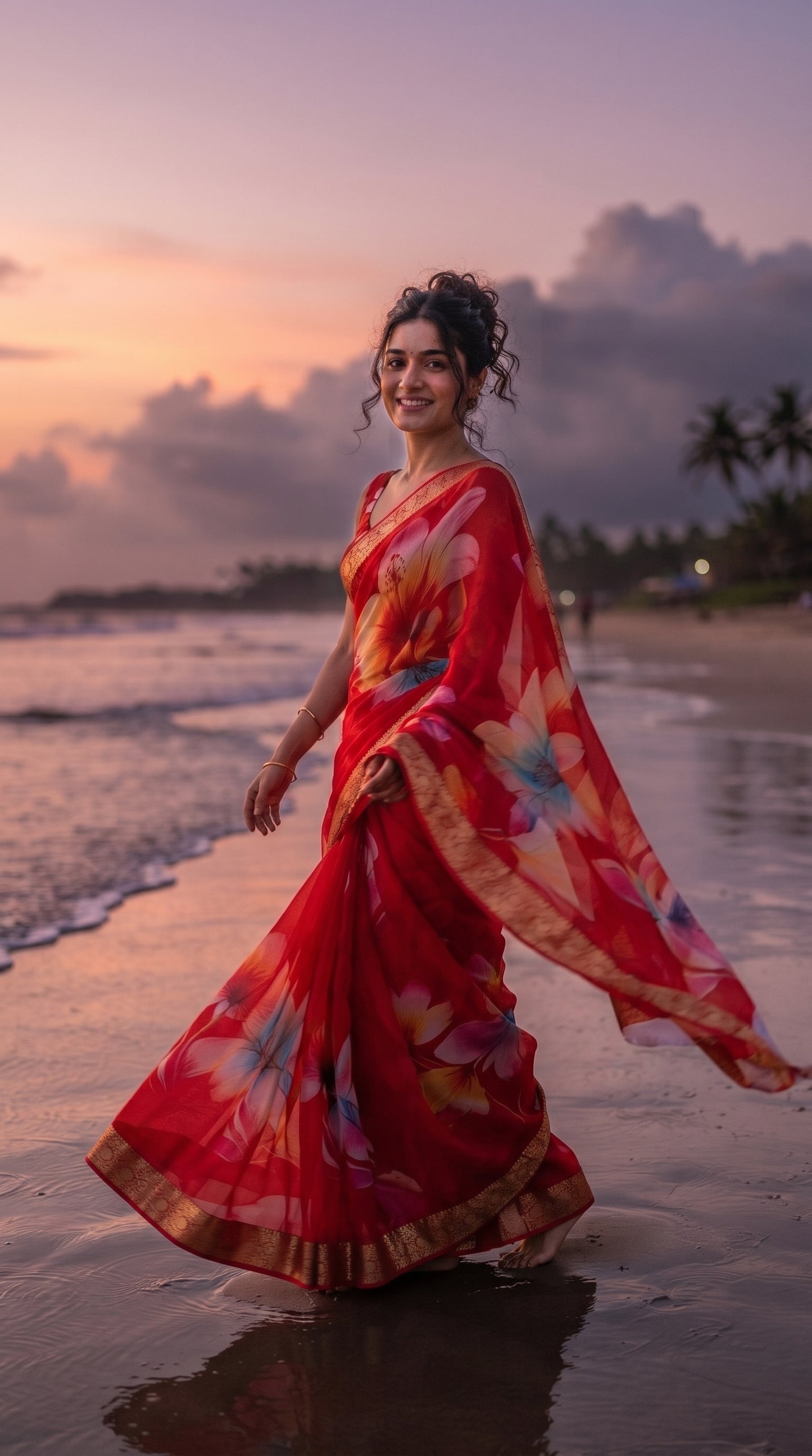 A candid shot of a smiling woman with a messy bun walking barefoot along a sandy beach shore at sunset, highlighting the breezy movement of her red floral printed chiffon saree pallu