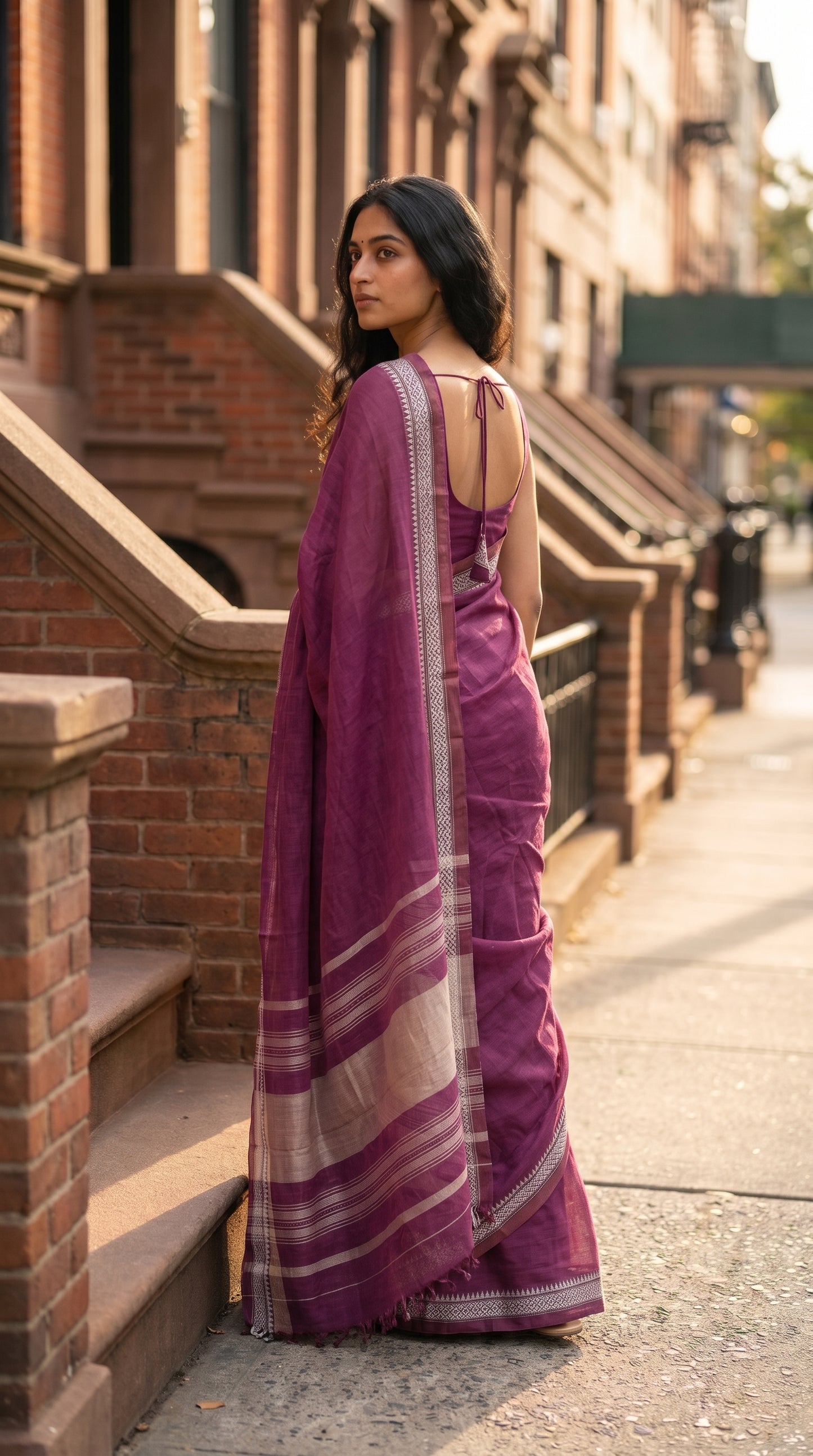 A three-quarter back view of a model walking past brownstone steps, highlighting the elegant fall of the cream-striped magenta pallu and hand-tied edge tassels
