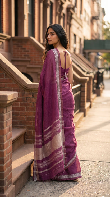 A three-quarter back view of a model walking past brownstone steps, highlighting the elegant fall of the cream-striped magenta pallu and hand-tied edge tassels