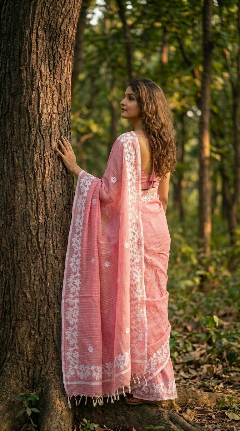Pink Cotton Saree with Applique Border