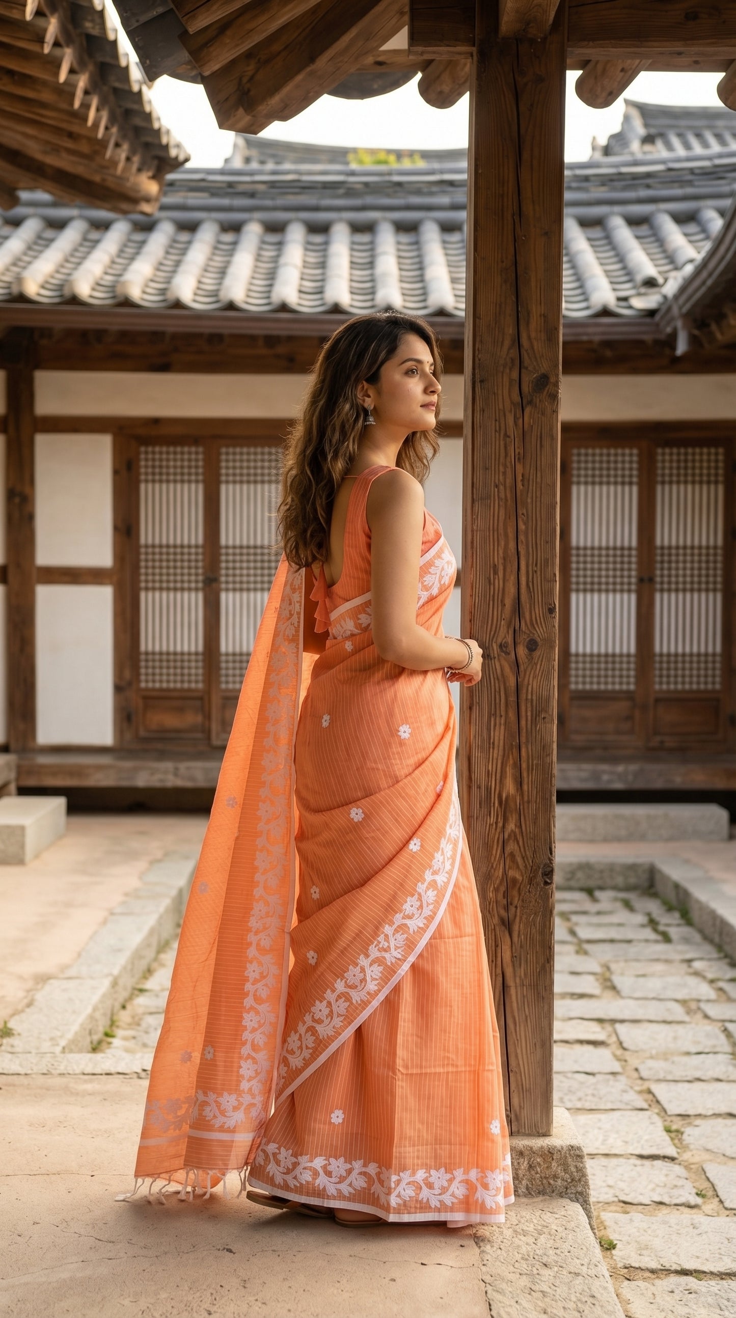 Peach Cotton Saree with Applique Border