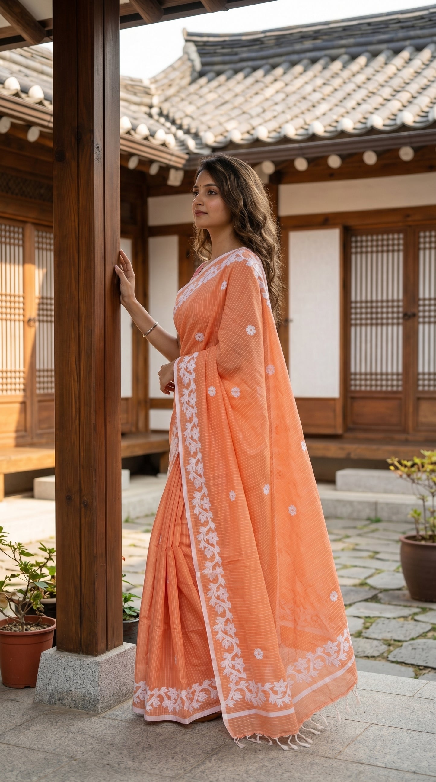 Peach Cotton Saree with Applique Border