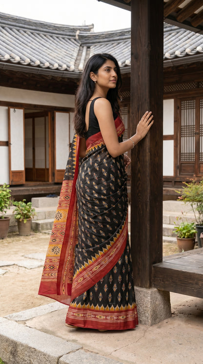 A woman standing by a wooden structure in an outdoor courtyard, displaying the elegant multi-tiered brick red and yellow geometric pallu of a black blended silk Ikat saree from the back