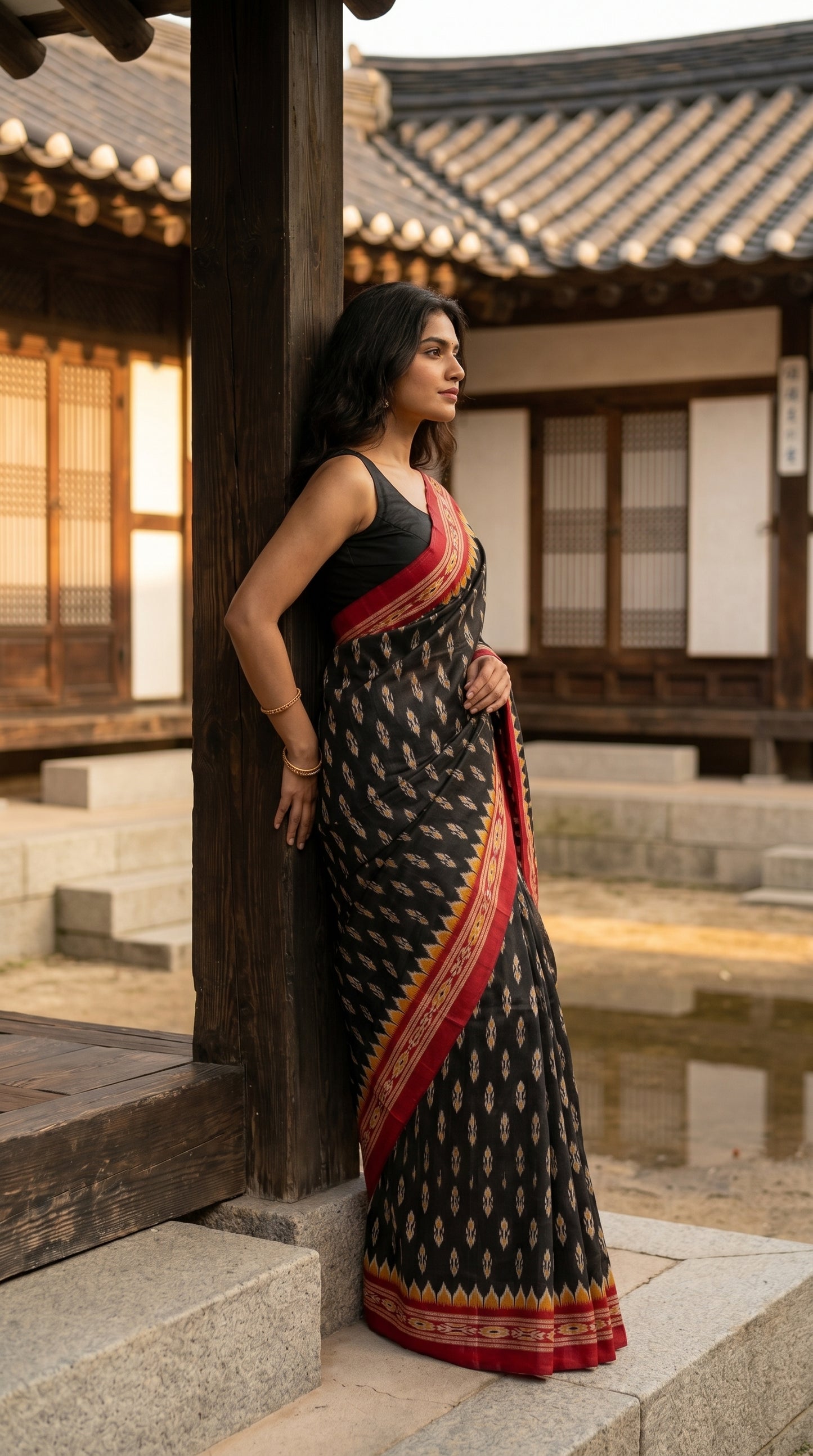 Side profile view of a model leaning against a wooden pillar in a heritage courtyard, showcasing the structured pleats and red-and-yellow patterned border of a black Ikat print silk saree