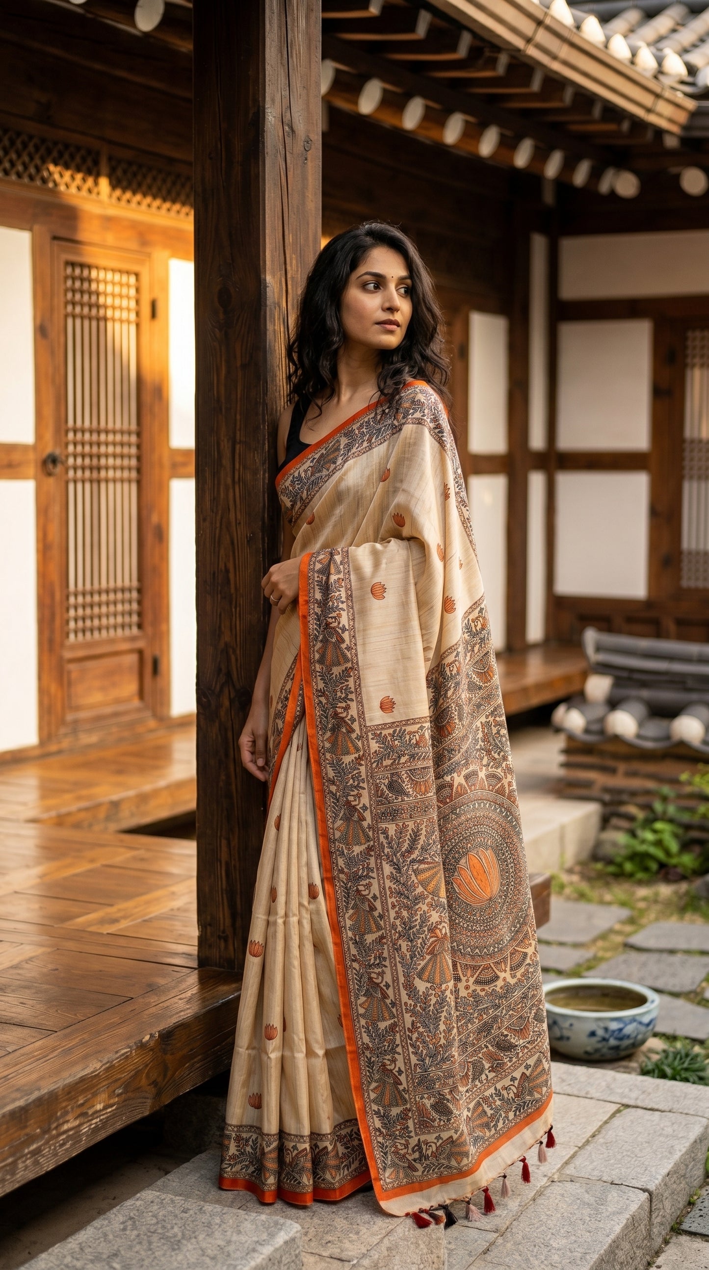 A woman leaning against a dark wooden pillar in a traditional courtyard, displaying the elegant orange lotus motifs on her beige Tussar silk saree
