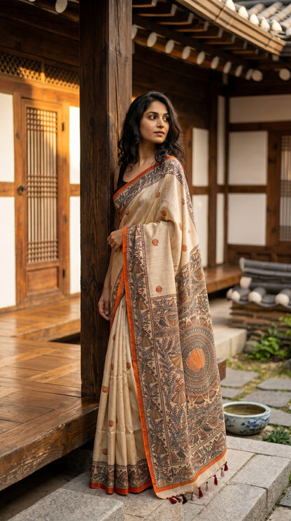 A woman leaning against a dark wooden pillar in a traditional courtyard, displaying the elegant orange lotus motifs on her beige Tussar silk saree