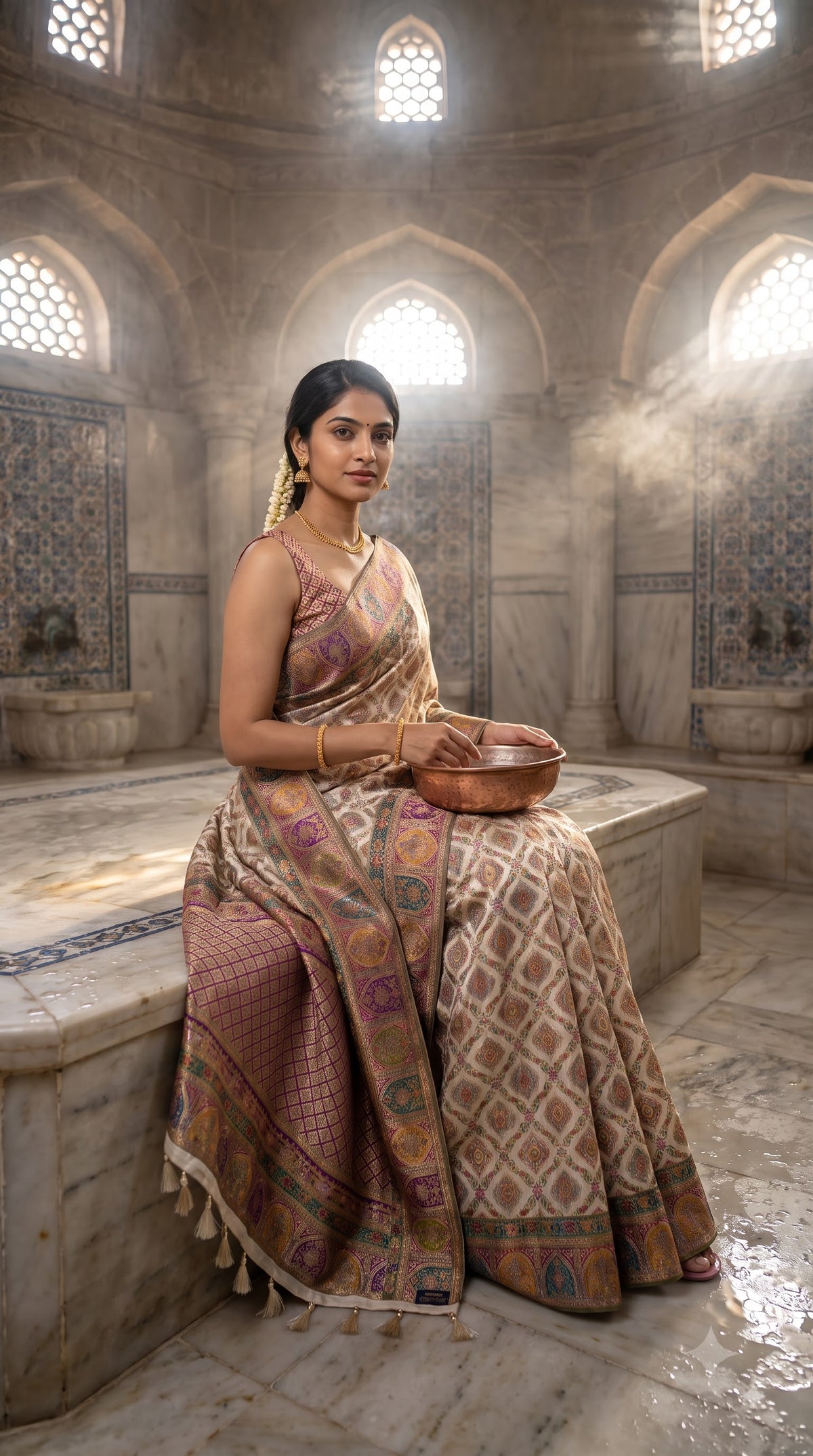 Pure Kani Silk Saree with Jaal Design - Cream