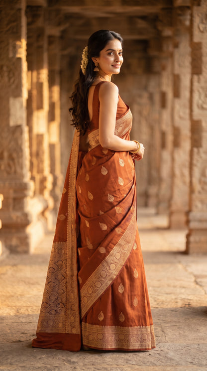 A three-quarter rear portrait of a smiling woman looking over her shoulder inside a historic stone pillar corridor, displaying the heavy gold zari work, woven leaf buttas, and structural drape of her burnt orange Mashru silk saree