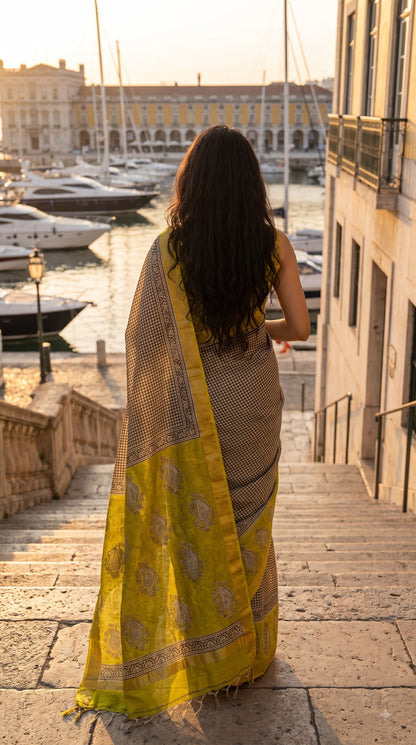 Maheshwari Silk Saree with Sanganery Handblock Print - Yellow