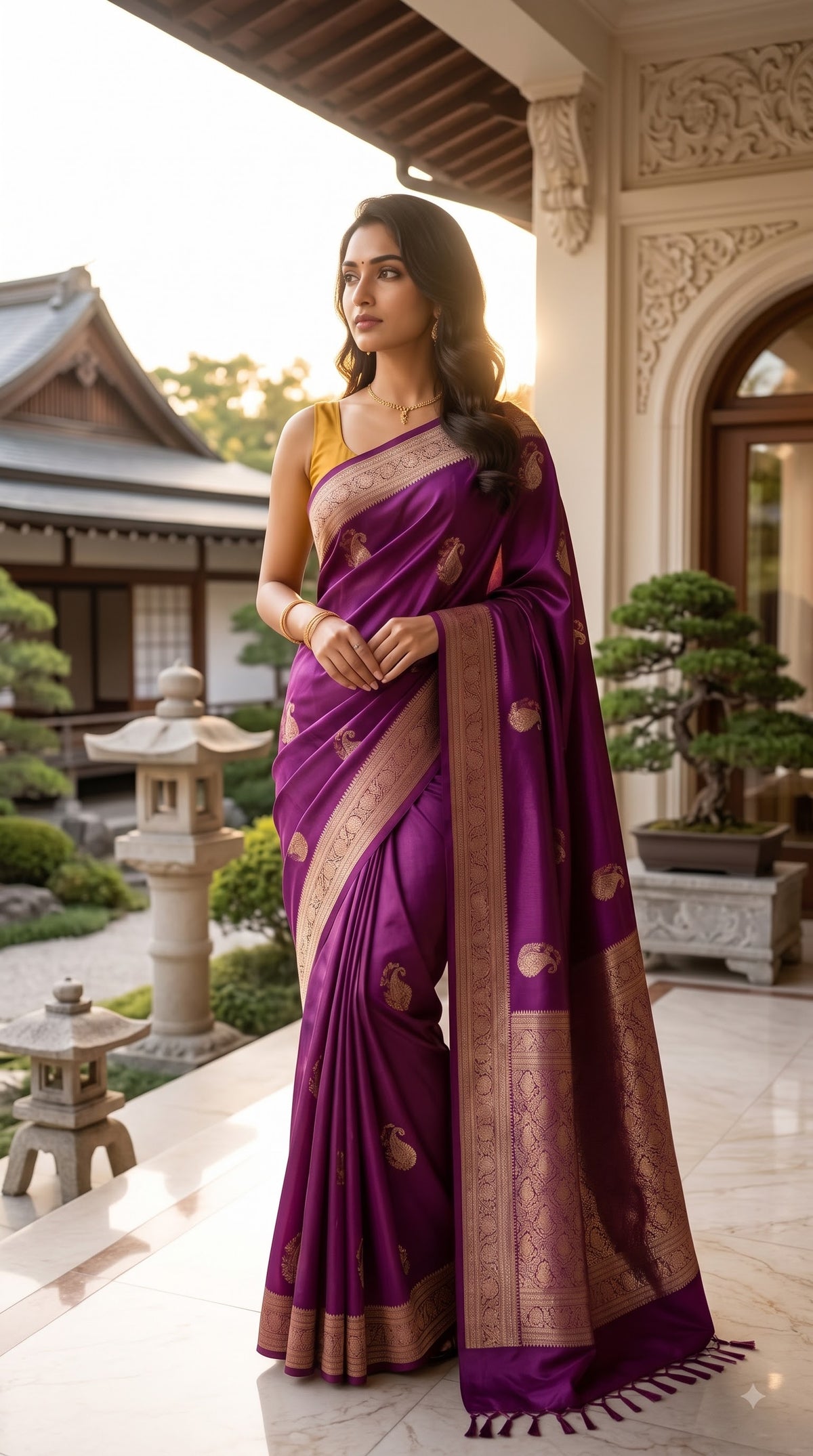 Satin Banarasi with Contrast Blouse - Wine Color