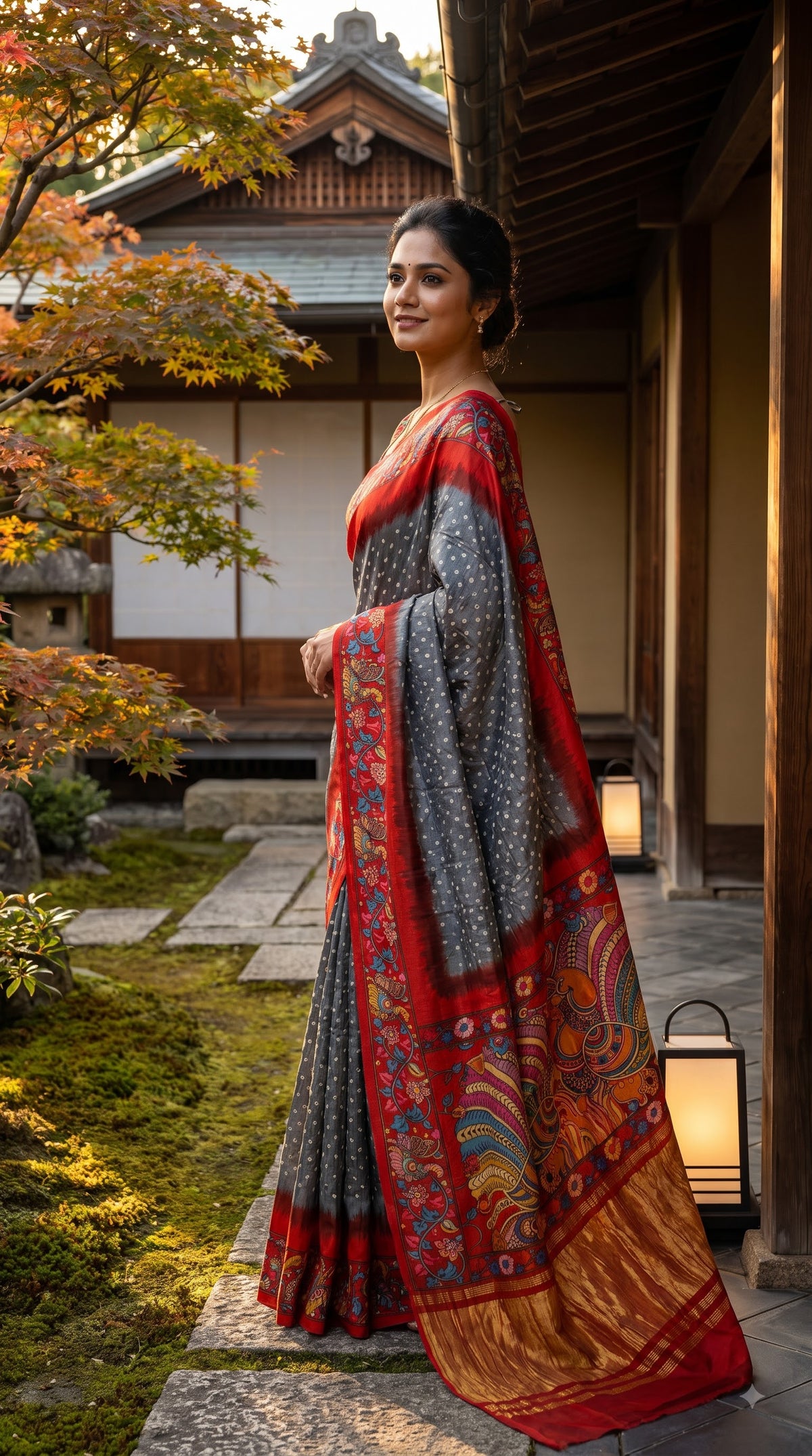 Pure Modal Silk with Bandhani Kalamkari Print Border - Grey with Red