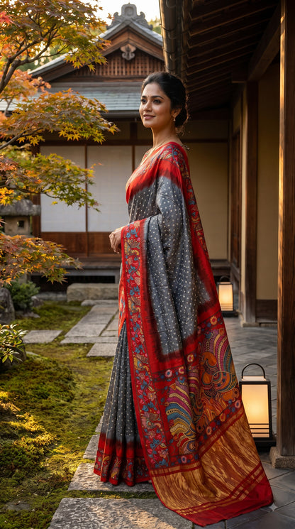 Pure Modal Silk with Bandhani Kalamkari Print Border - Grey with Red