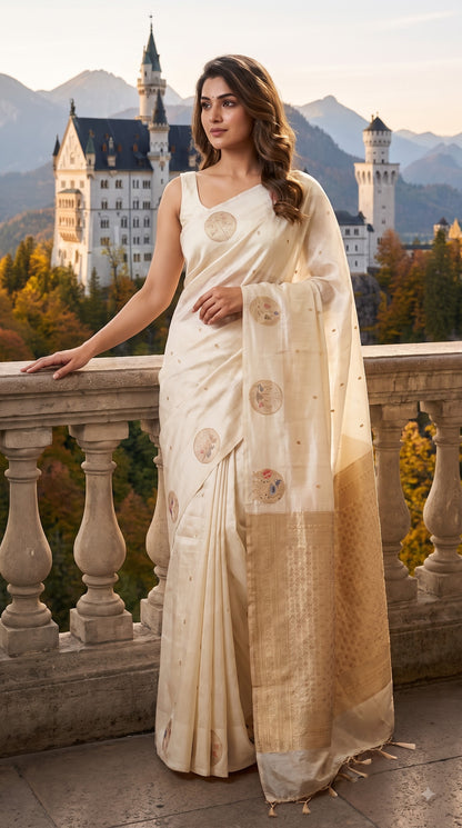 Mashru Silk with Flamingo Motif-Cream